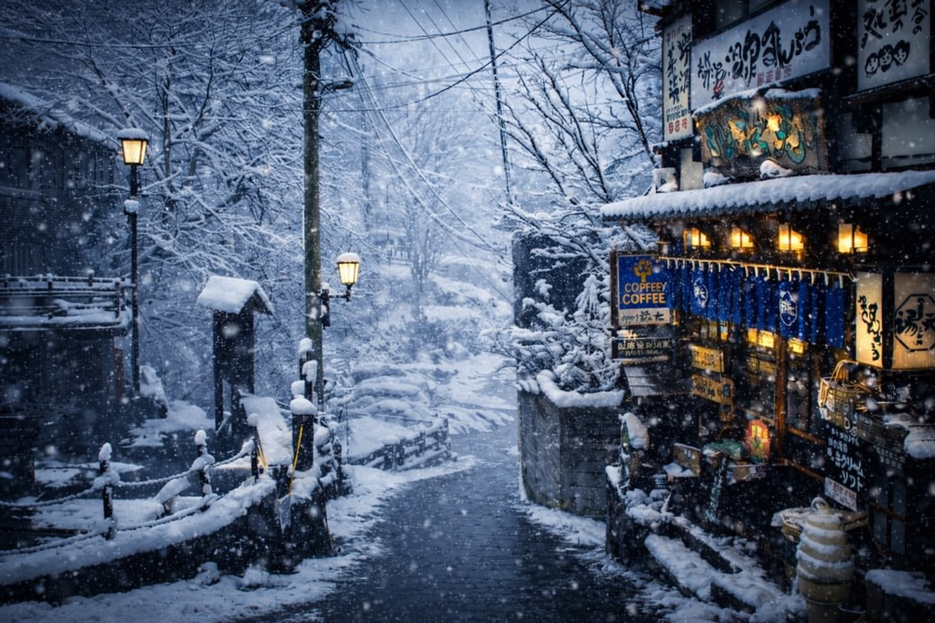 Snow falling in the streets of Nozawa Onsen