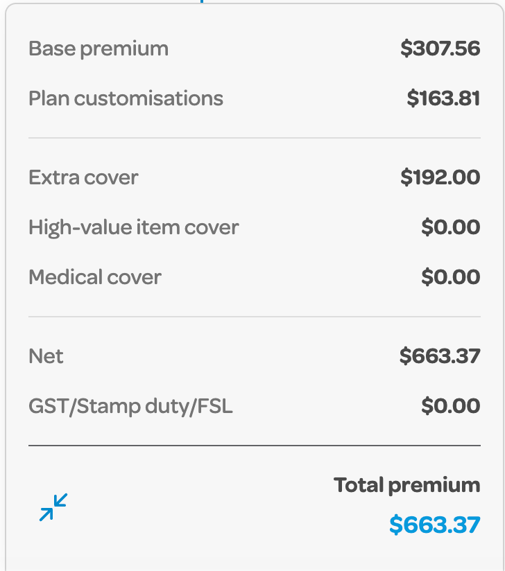 Southern Cross Travel Insurance quote for a family of four travelling to Japan from 3 to 9 January 2027: base premium A$307.56, plan customisations A$163.81 and extra cover A$192, total A$663.37