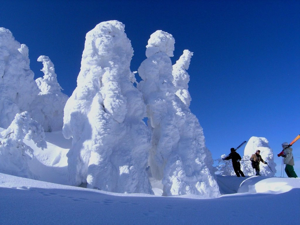 Snow monsters at Ani ski resort on a blue bird day