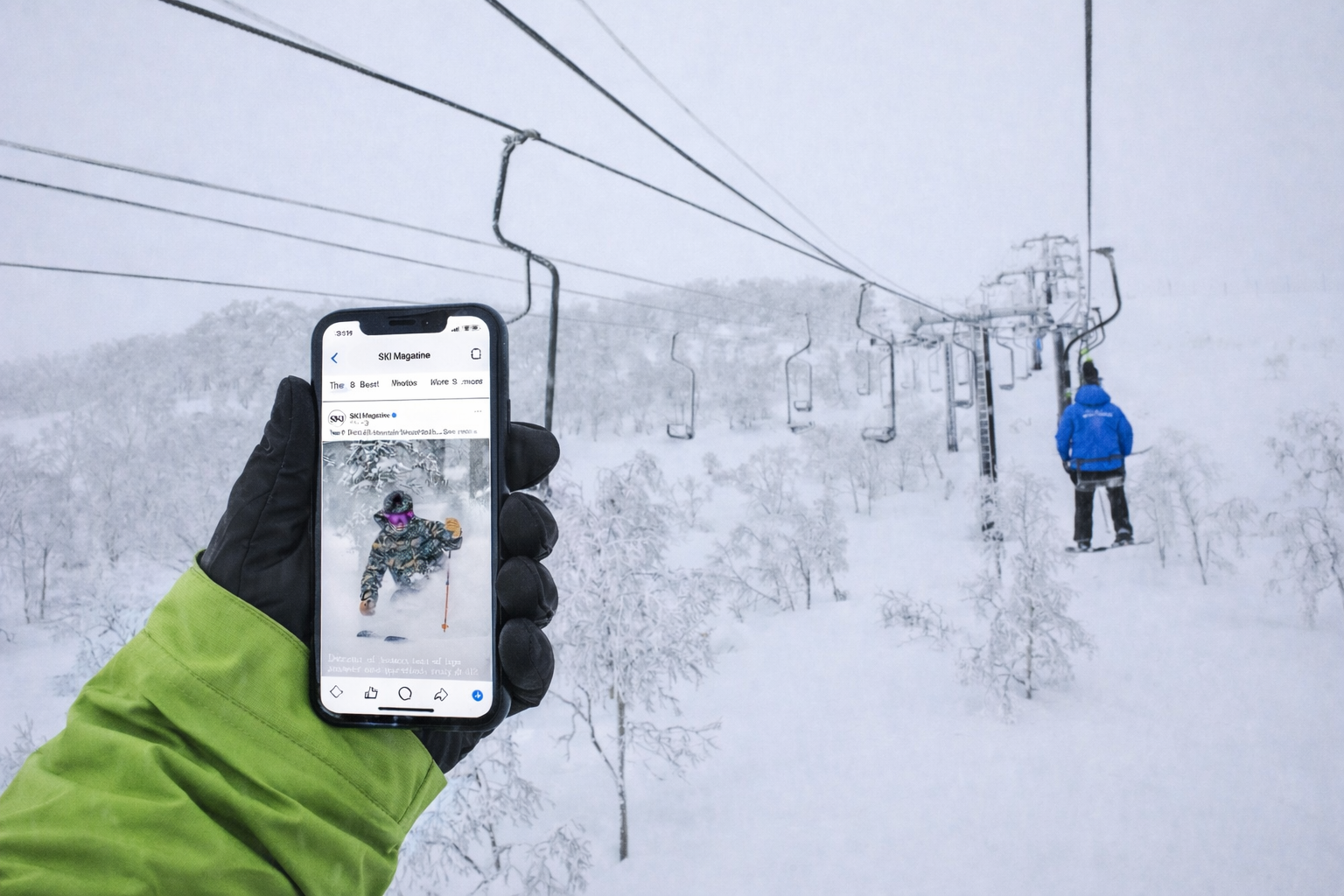 Phone connected to socials on a ski lift in Japan