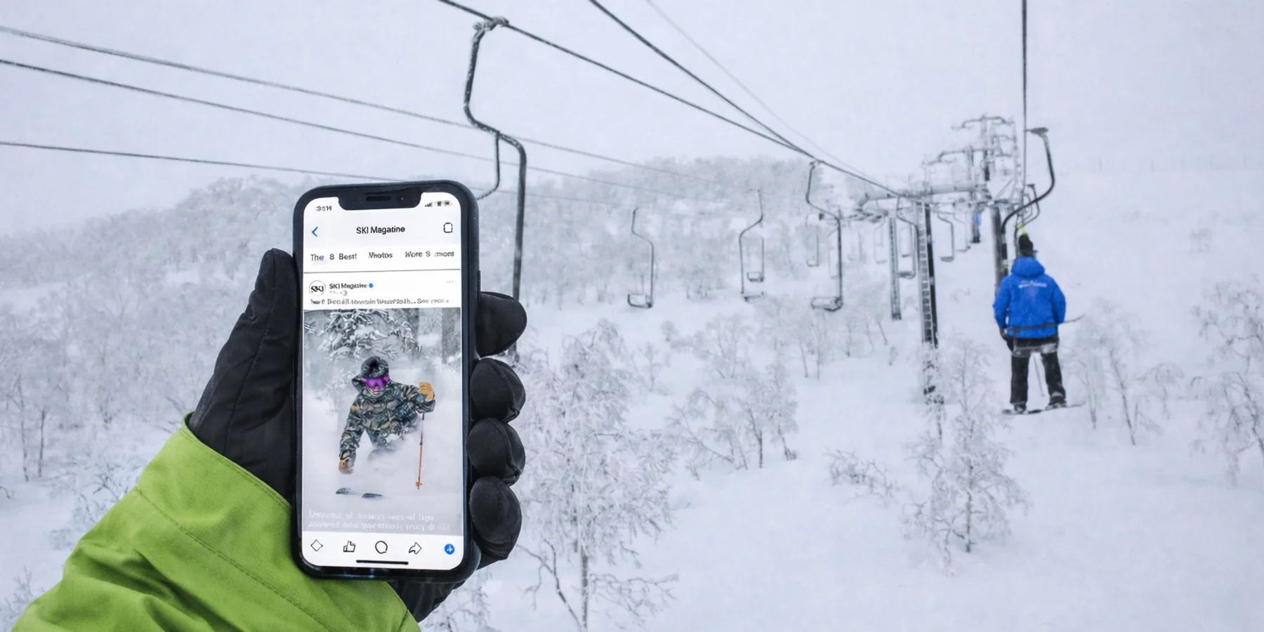 Phone connected to socials on a ski lift in Japan