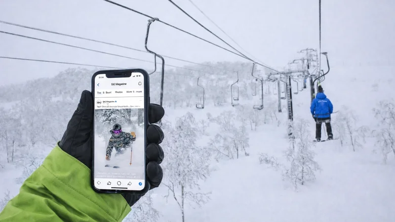 Phone connected to socials on a ski lift in Japan