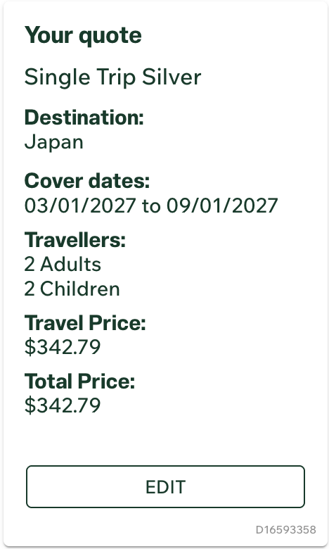 InsureandGo Single Trip Silver quote for two adults and two children travelling to Japan from 3 to 9 January 2027, total A$342.79