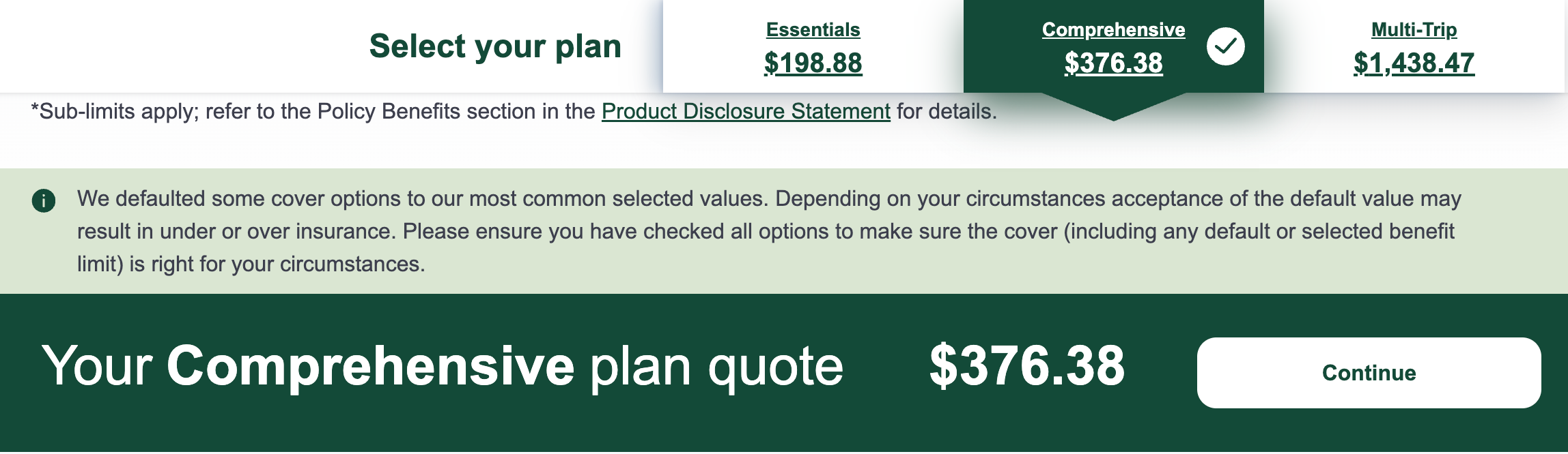 nib travel insurance quote for a family of four travelling to Japan from 3 to 9 January 2027: Comprehensive plan A$376.38