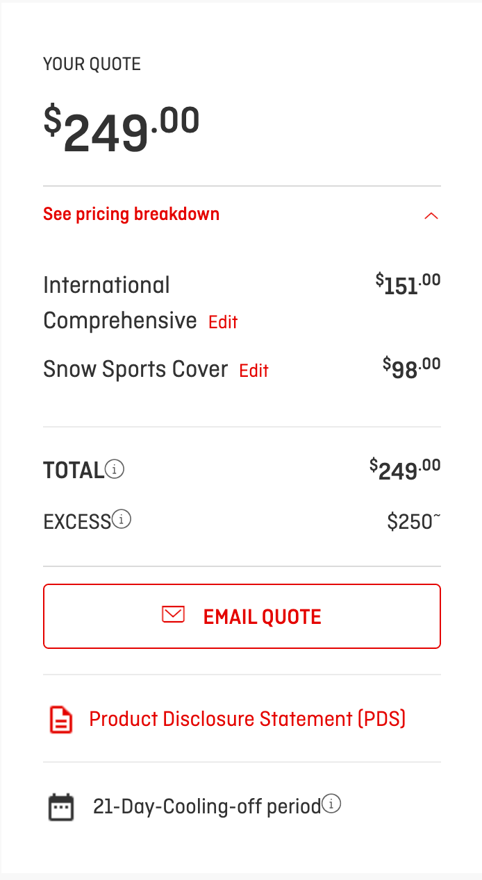 Qantas Travel Insurance quote for one adult travelling to Japan from 3 to 9 January 2027: International Comprehensive A$151 plus Snow Sports Cover A$98, total A$249 with a A$250 excess