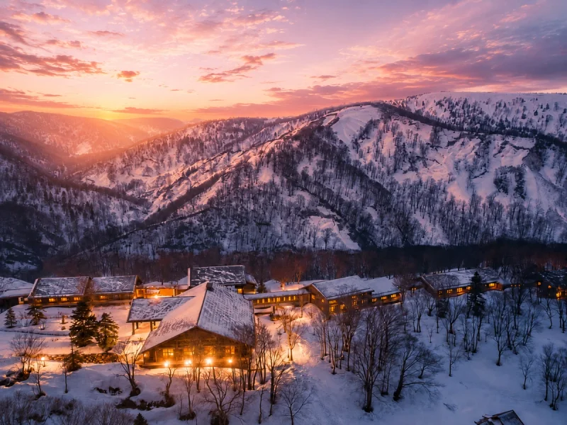 Views over the Hakkoda mountains as the sun comes up