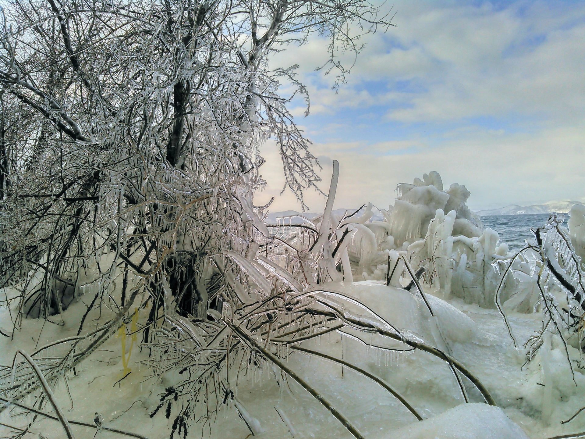 Splash ice coating the trees and shoreline at Tenjinhama on Lake Inawashiro