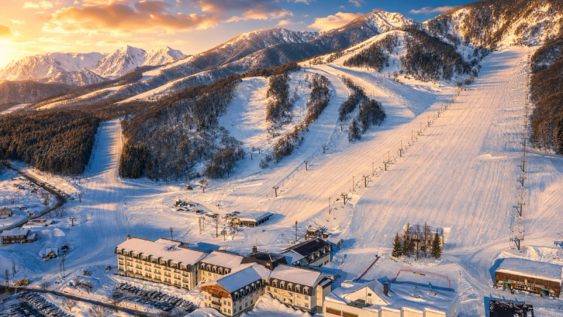 View of Hakuba Alps Hotel and the mountains at sunrise