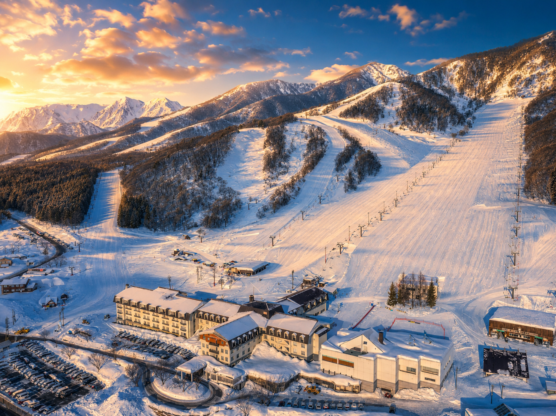 View of Hakuba Alps Hotel and the mountains at sunrise