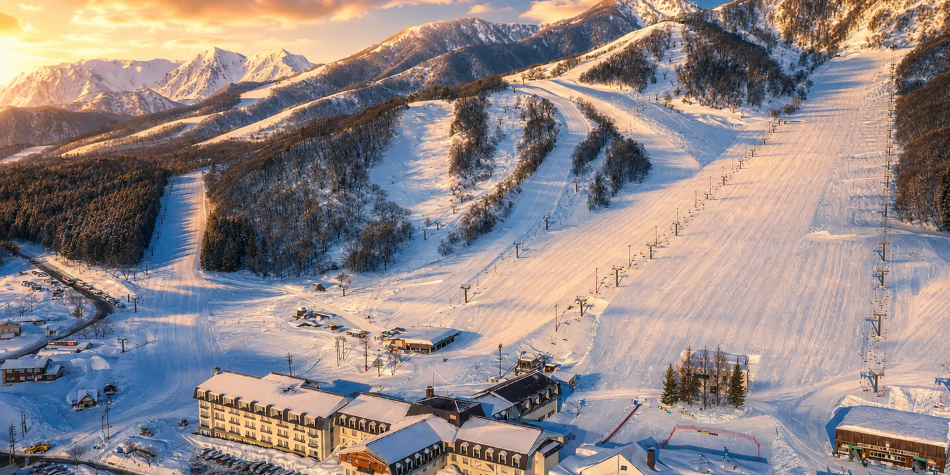 View of Hakuba Alps Hotel and the mountains at sunrise