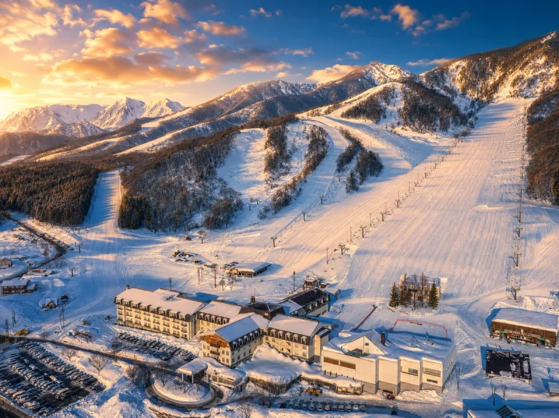 View of Hakuba Alps Hotel and the mountains at sunrise