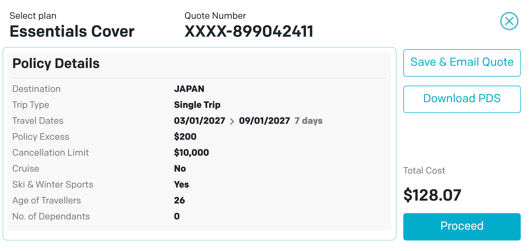World2Cover Essentials Cover quote for one traveller aged 26 to Japan from 3 to 9 January 2027 with Ski and Winter Sports, total A$128.07