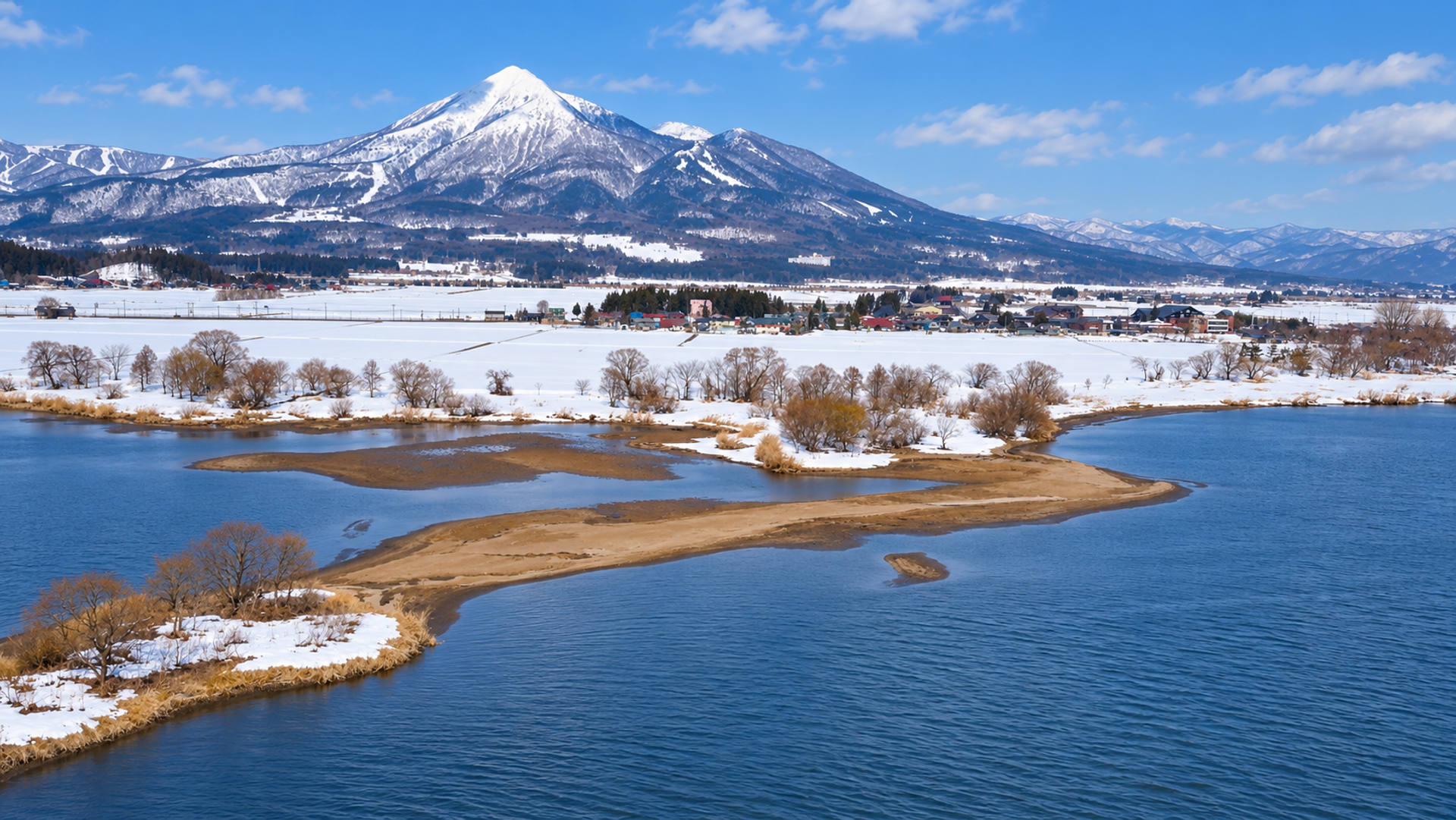 View of the Inawashiro valley and lake with mountains in the background