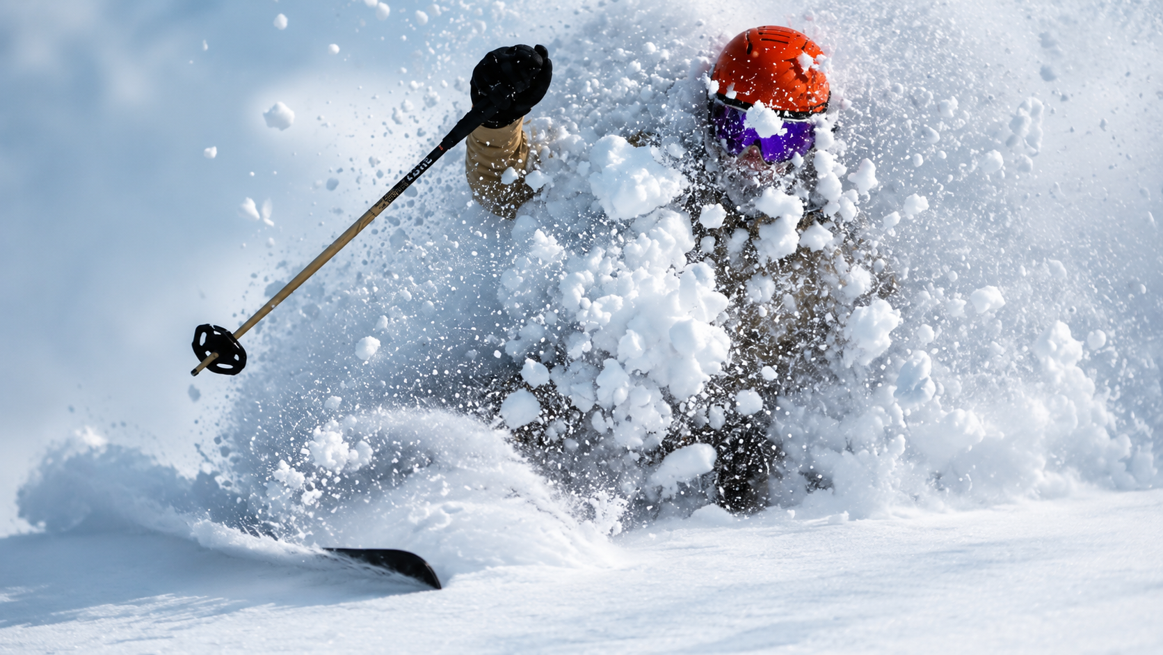 skier covered in powder, in Kiroro