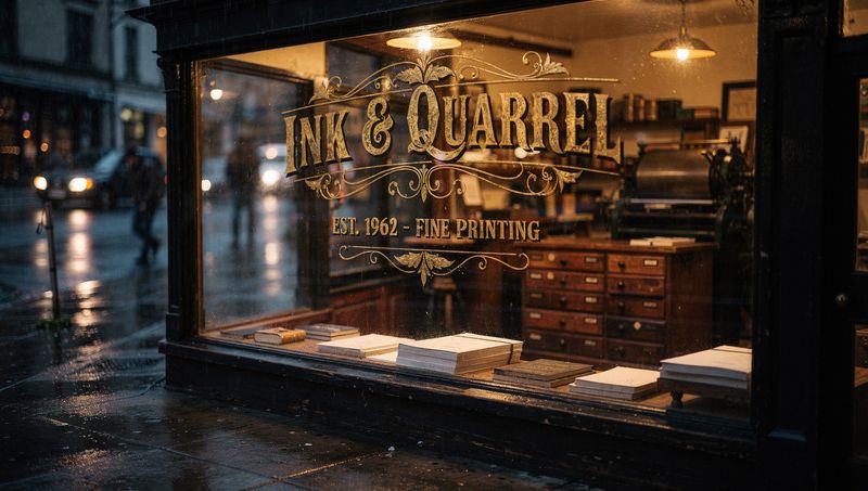 Letterpress storefront with exact quoted lettering: INK & QUARREL, EST. 1962 - FINE PRINTING
