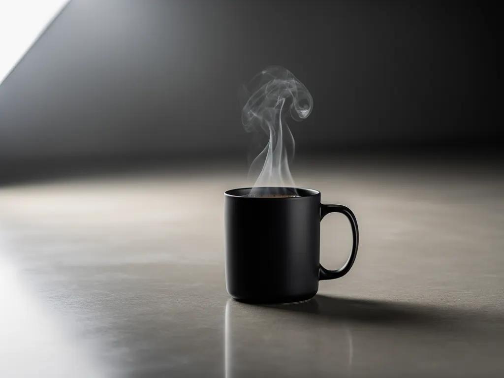 Professional product shot of a single black coffee mug with steam