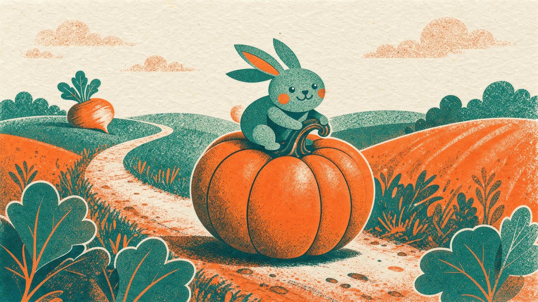 A two-color risograph illustration of a green rabbit riding a large orange pumpkin down a winding path through rolling hills.