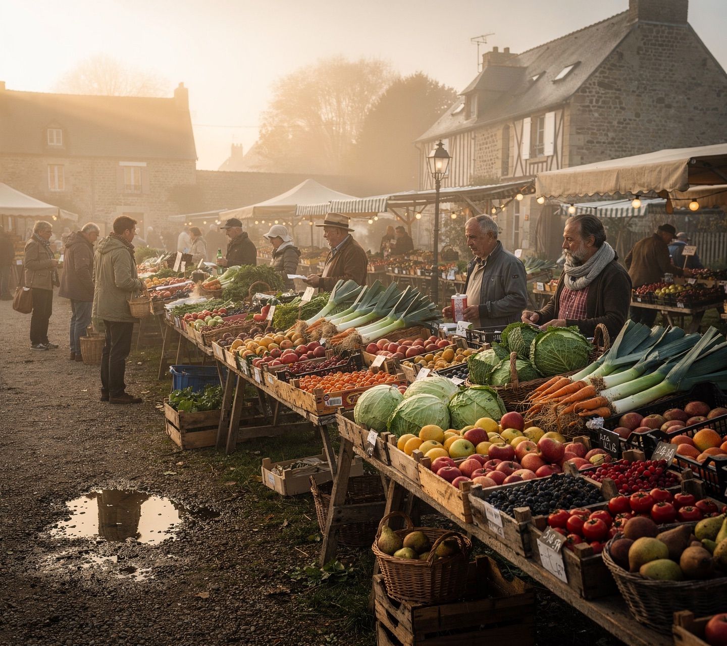 French prompt: Normandy countryside food market at sunrise