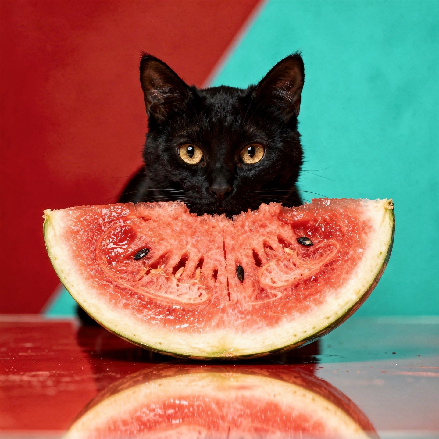 Black cat behind watermelon slice