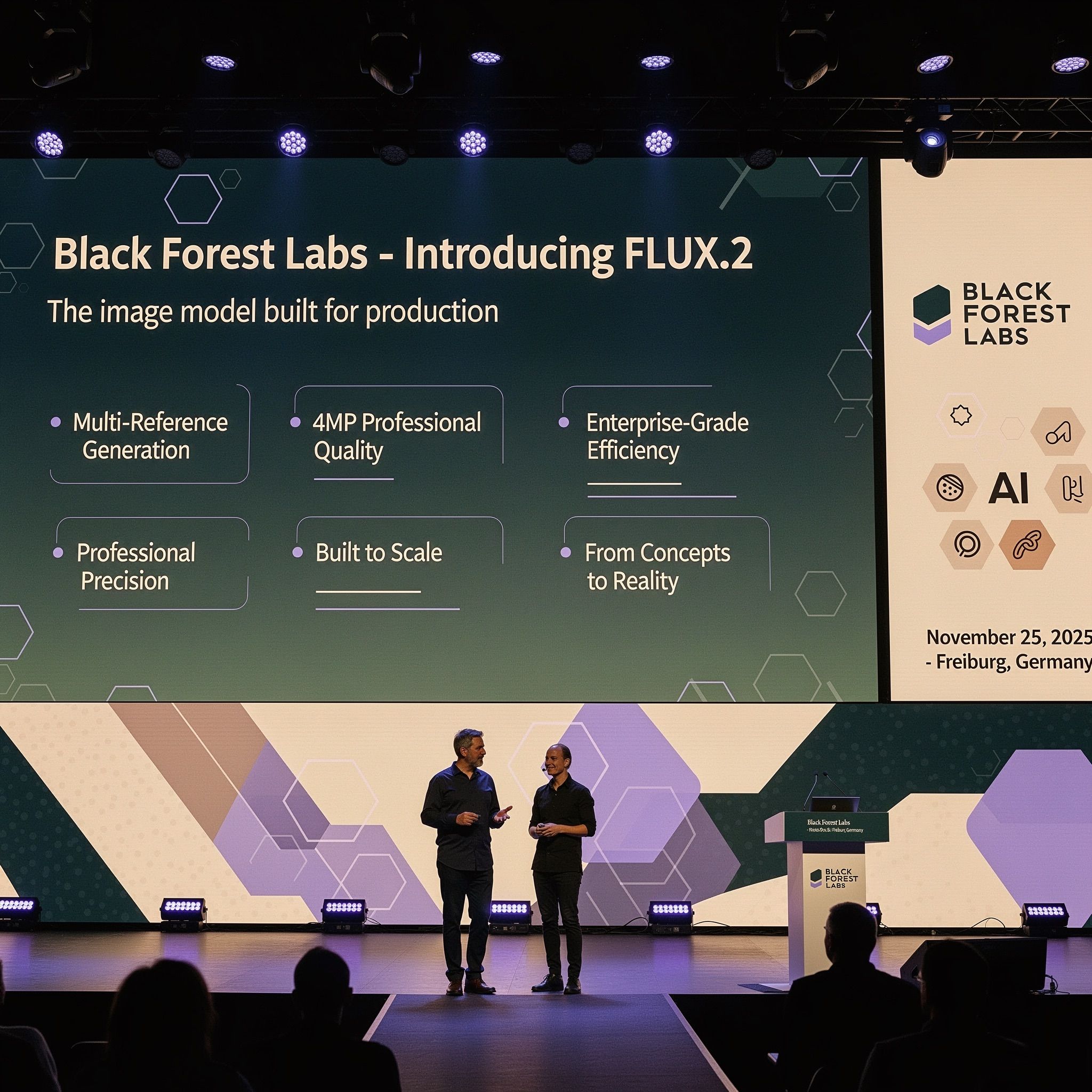 Professional AI conference photograph with complex typography and hex color specifications