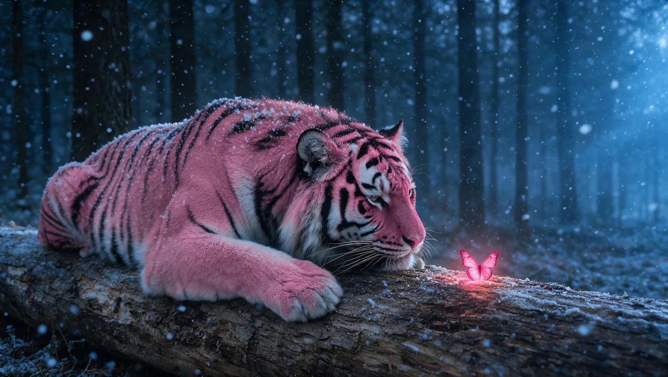 A mesma cena depois da edição, com tigre e borboleta rosa