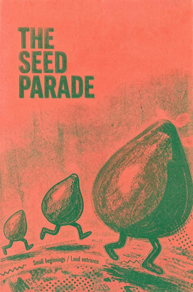 Risograph-style poster with a hand-lettered title and illustrated characters
