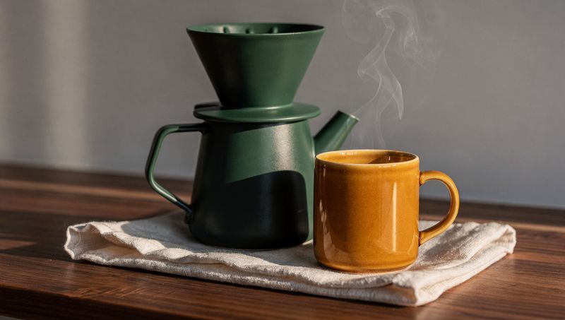 Ceramic pour-over set with hex-specified green, amber, and off-white palette