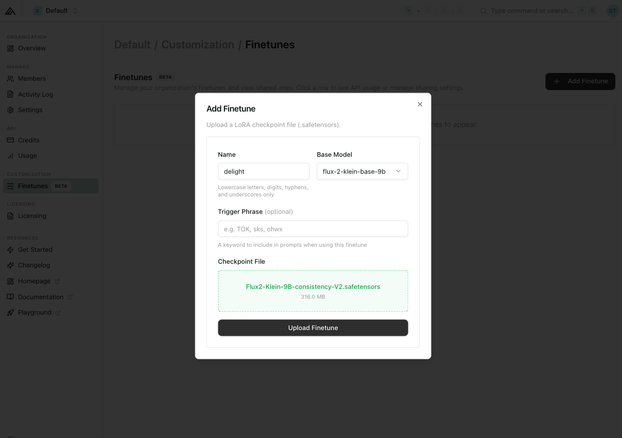 Add Finetune dialog with Name, Base Model, Trigger Phrase, and Checkpoint File fields