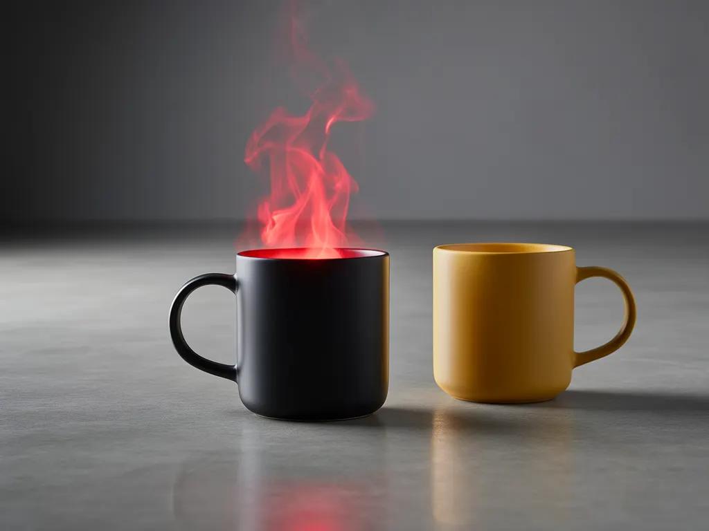 Product shot with black and yellow mugs, red steam rising from the black mug