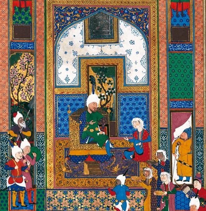 Training image: A crowned ruler in a green robe sits on a throne inside an ornate tiled palace hall, attended by courtiers and guards while musicians sit in the foreground. In a narrow panel at the right, grooms and soldiers stand among horses and decorated elephants in a flowering landscape. shtm style