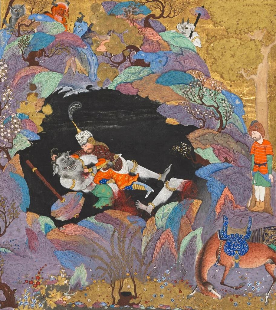 Training image: An armored warrior in a plumed white helmet wrestles a gray horned demon inside a dark cave, with blood and a severed leg beside them. Colorful rocky hills with blossoming trees surround the cave, small demons watch from the ridge above, and a standing attendant and a saddled horse wait at the right. shtm style