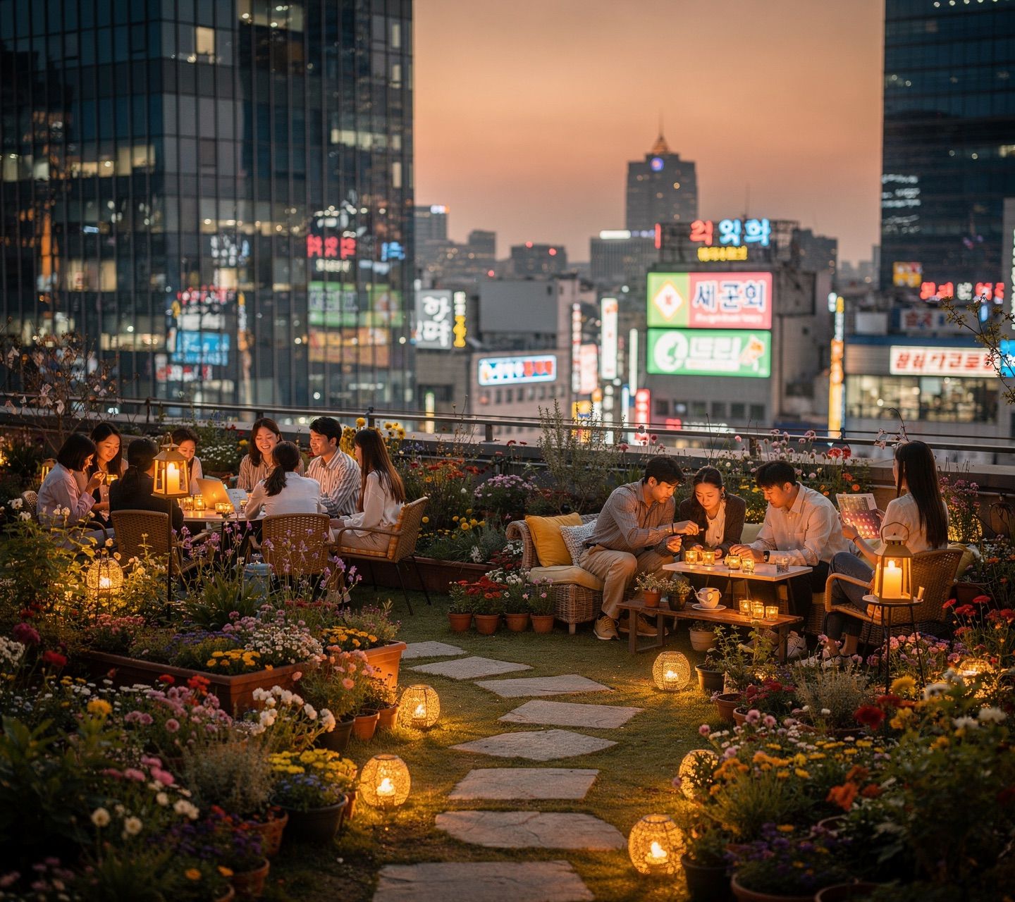 Korean prompt: Seoul rooftop garden at sunset