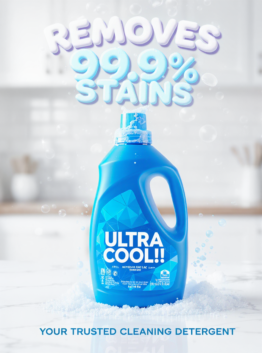 Output image: Cleaning detergent advertisement with replaced text