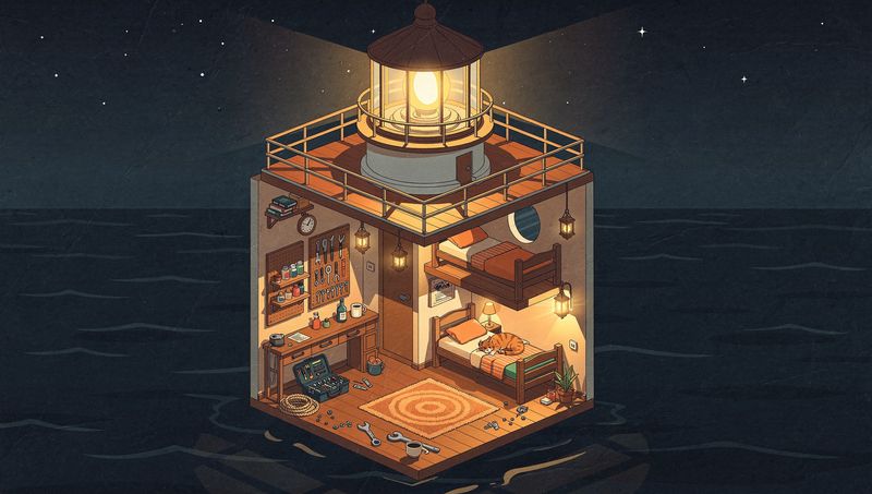 Isometric flat-vector cutaway of a lighthouse interior