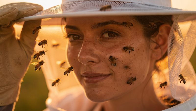 Photoreal beekeeper close-up with bees in flight at golden hour