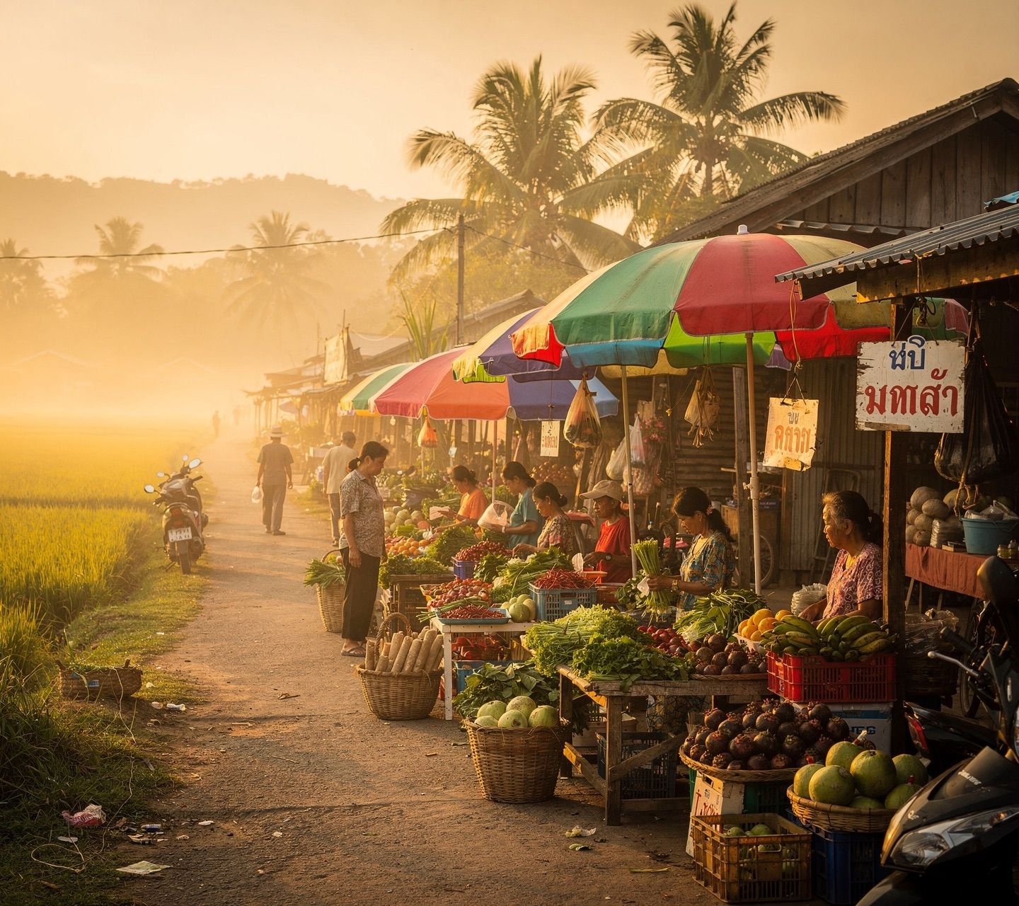 Thai prompt: Morning food market in rural Bangkok area