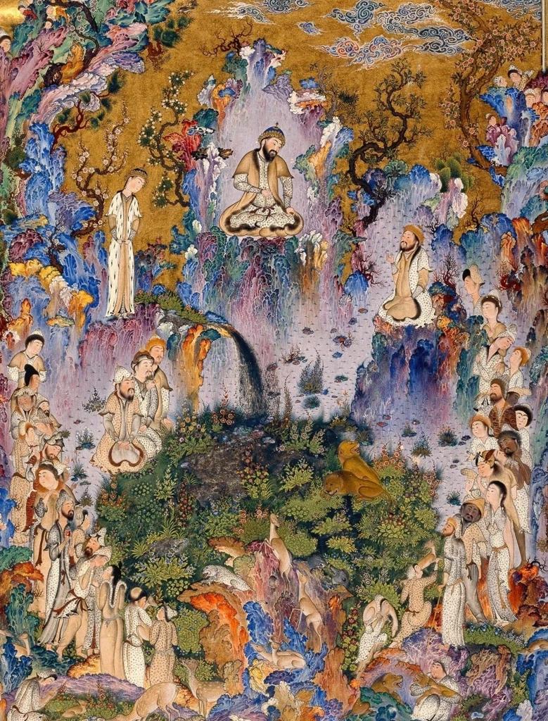 Training image: A bearded king sits cross-legged on a small round platform high on a rocky ledge beside a waterfall. Crowds of robed men and attendants gather on the hillsides below, and animals roam the green thicket in the foreground among twisting trees and flowering rocks. shtm style