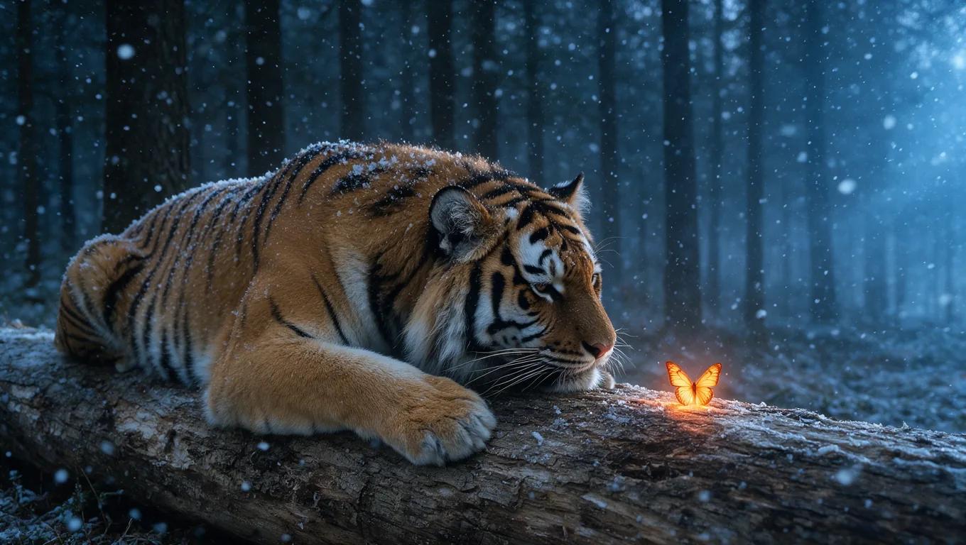 Tigre e borboleta sobre um tronco na neve, antes da edição