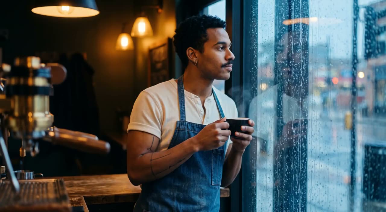 FLUX 3 Video: a barista in a warm, lamp-lit café