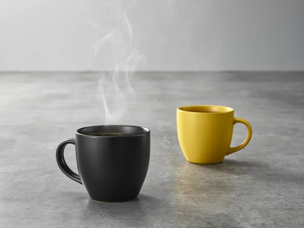 Product shot with black and yellow coffee mugs
