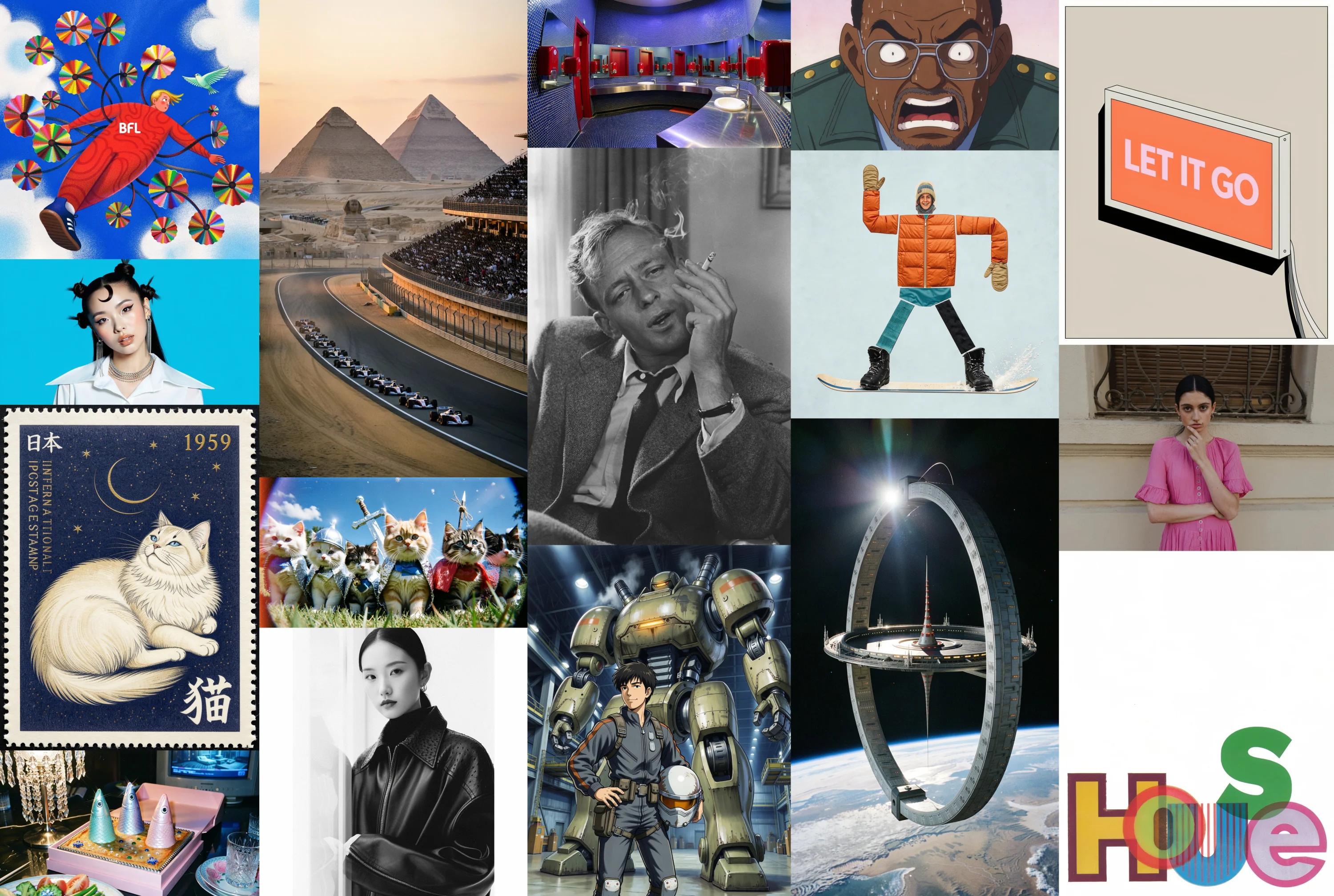 A grid of images generated with FLUX 3 Image Klein: illustrations, portraits, a postage stamp, anime, a space station, and typography.