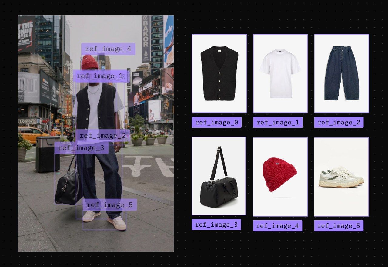 FLUX 3 Image: a Times Square streetwear look placed with bounding boxes from six product references