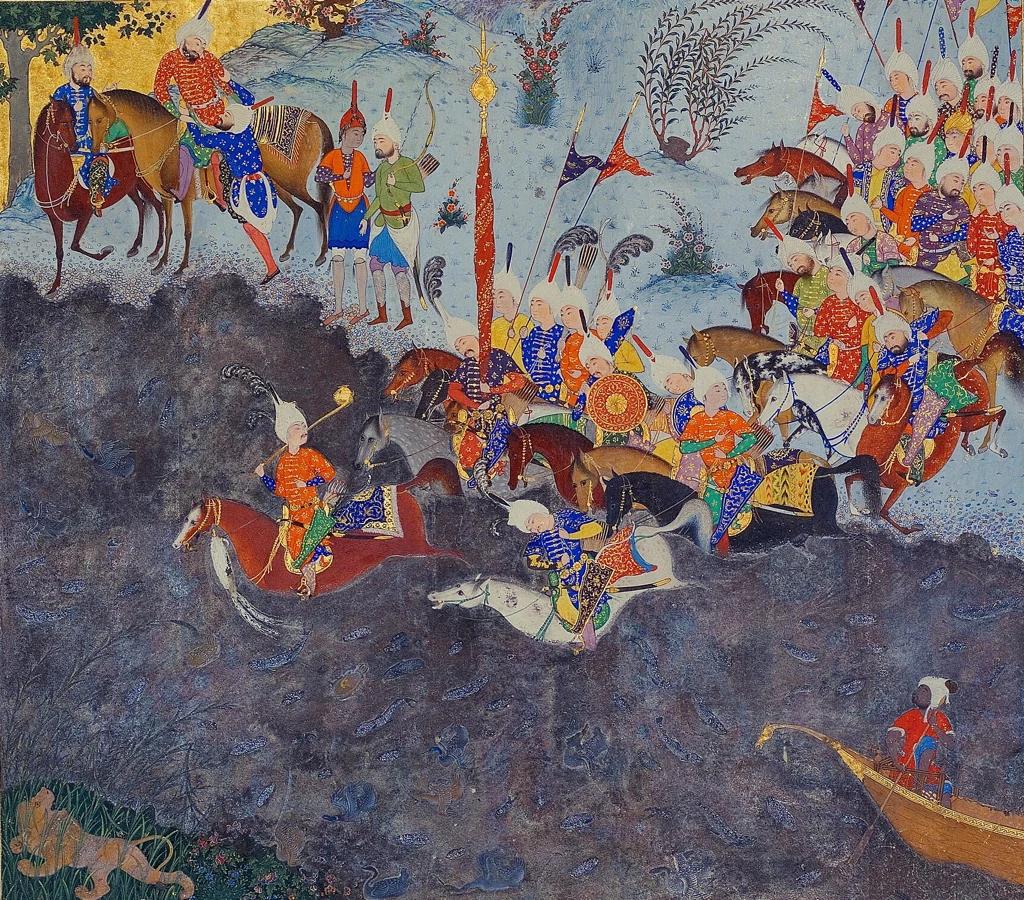 Training image: A crowd of armored horsemen in bright coats and white turbans, carrying banners and a tall standard, ride their horses into a dark river. Two mounted men and two archers watch from the bank at upper left, a small figure sits in a boat at lower right, and a lion rests in the grass at lower left. shtm style