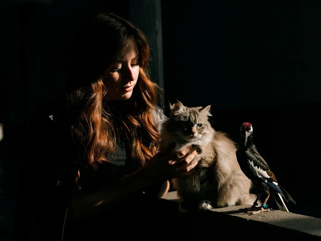 Combined scene with person, cat, and bird