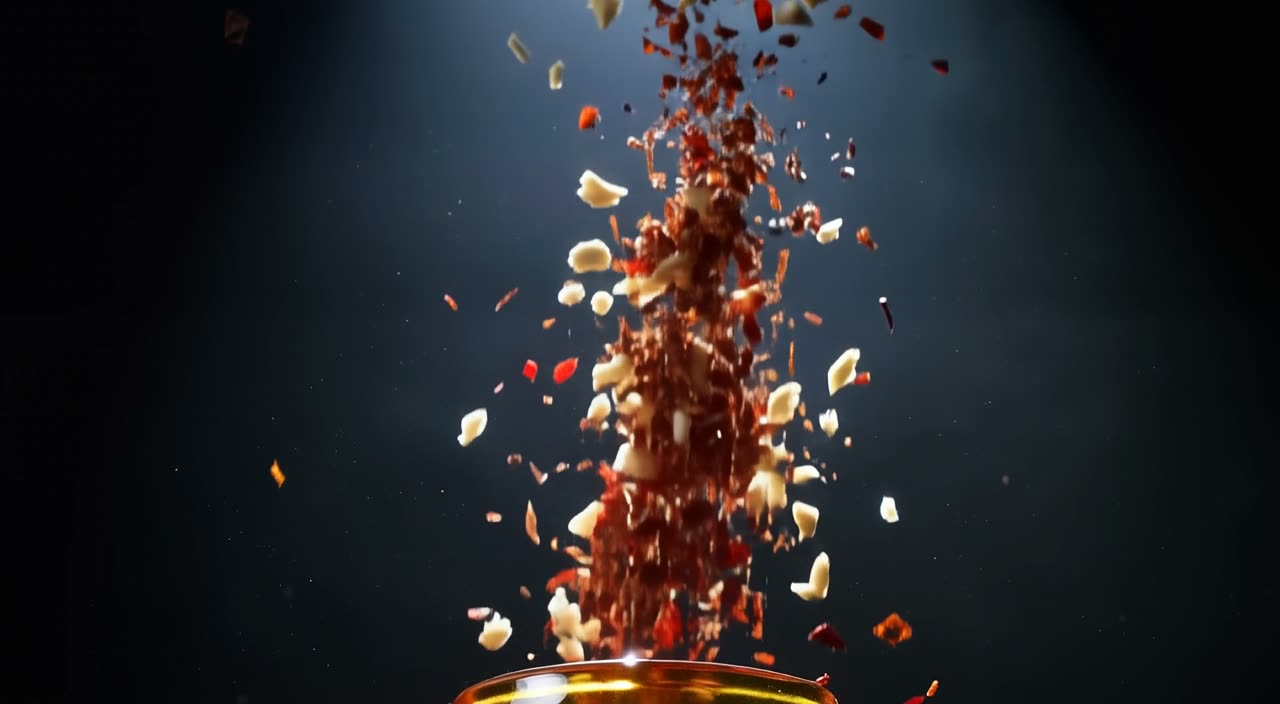 A brand advertising shot of spices over a glowing bowl
