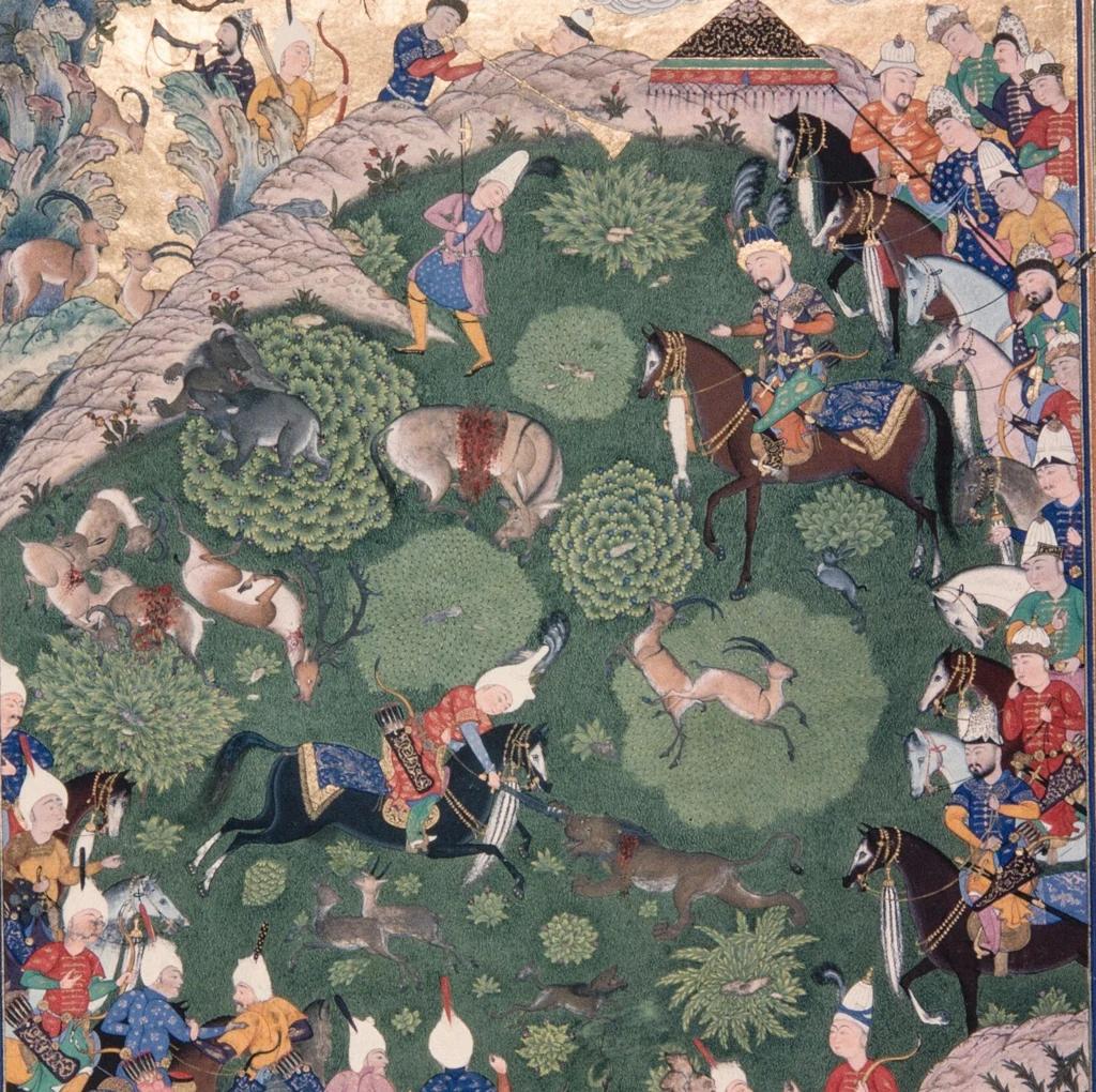 Training image: A mounted nobleman in a plumed turban sits on a brown horse on a green hillside while attendants and riders crowd along the right edge. Hunters on foot and horseback chase deer, wolves, foxes and other animals among round bushes and rocky ridges, with a tent at the top and onlookers gathered in the lower left. shtm style
