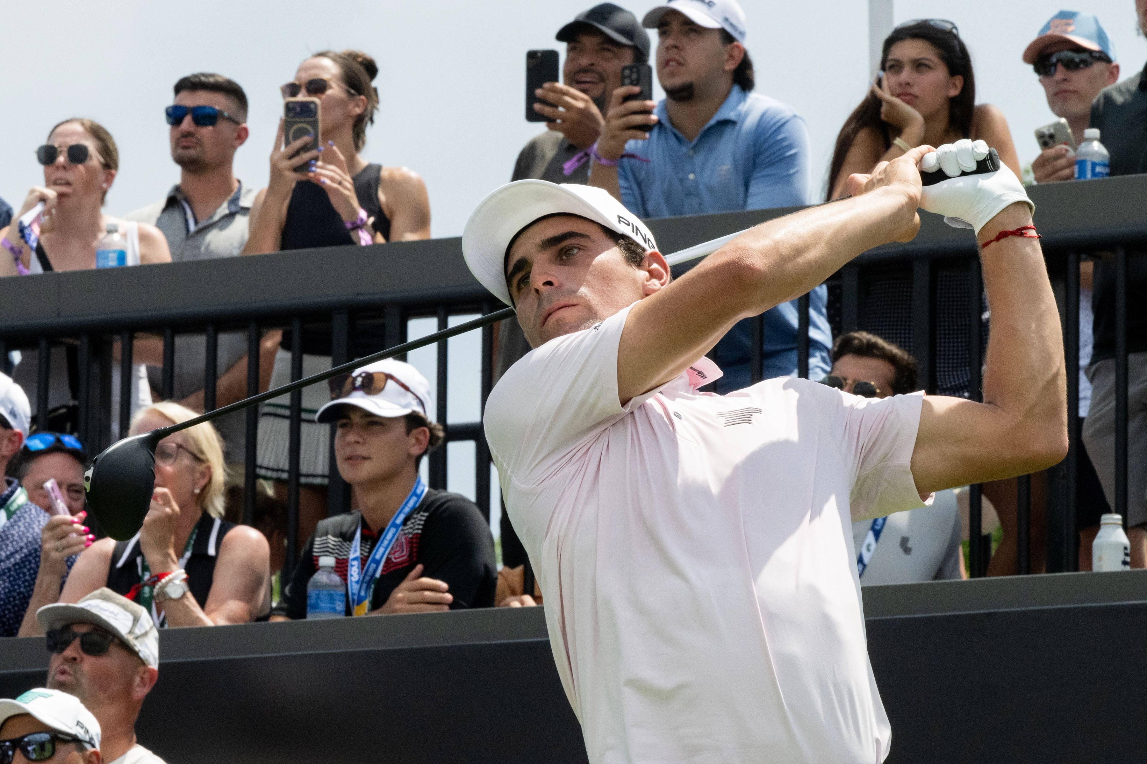 Joaquin Niemann hits a tee shot from the first hole on Thursday at LIV Golf New York.