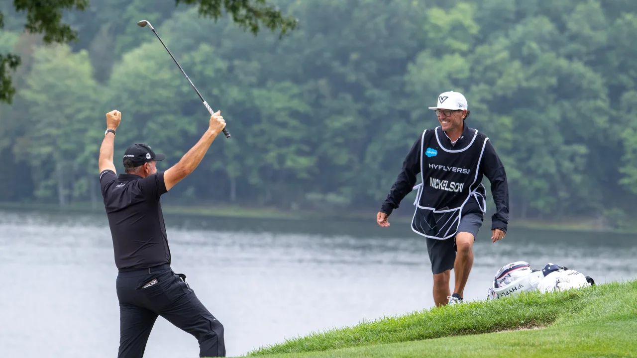 Watch: Mickelson stuns with sideways flop shot hole-out at LIV Golf Virginia