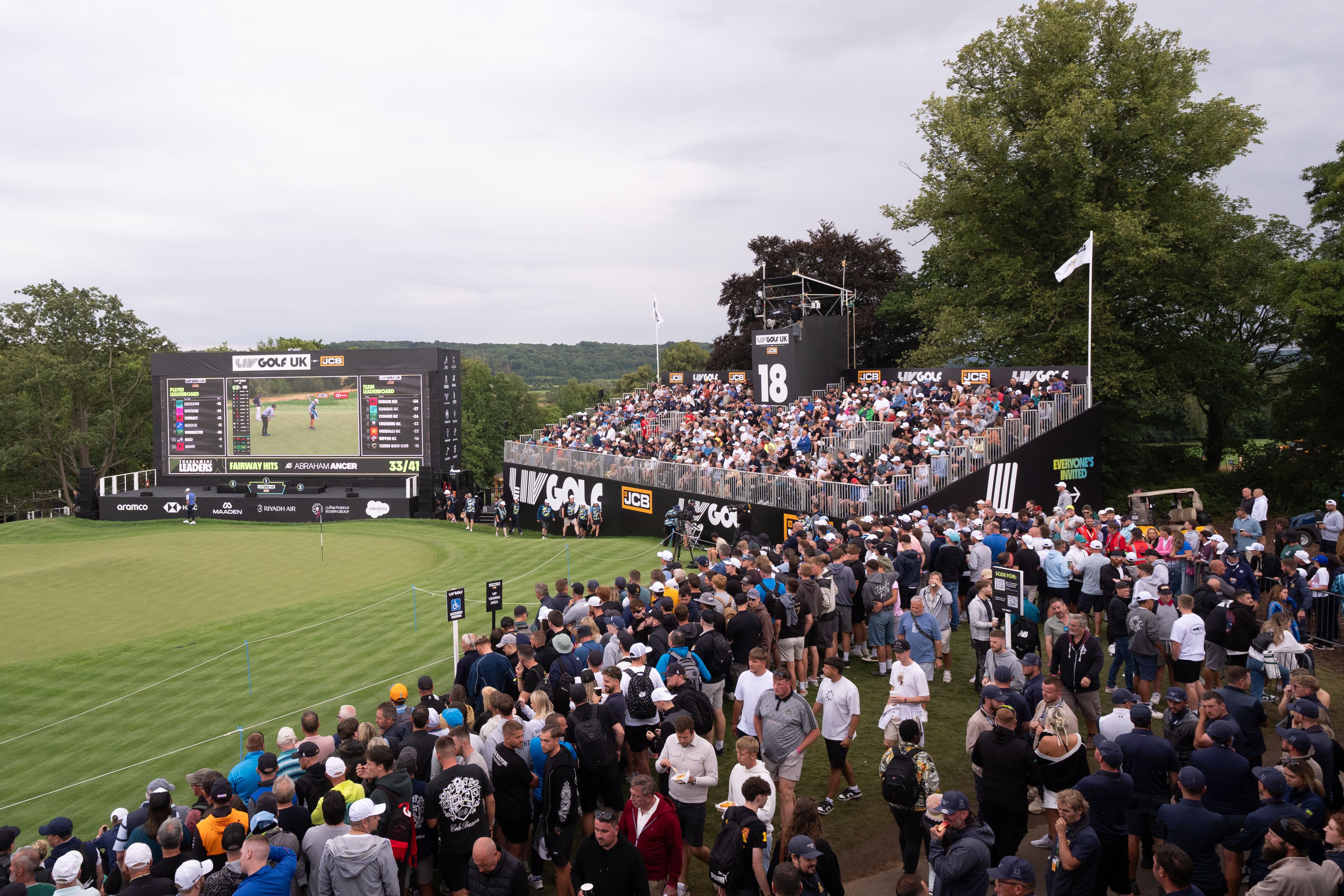 Fans watch the action on the 18th hole during Round 4 of LIV Golf United Kingdom at JCB Golf & Country Club in 2025.