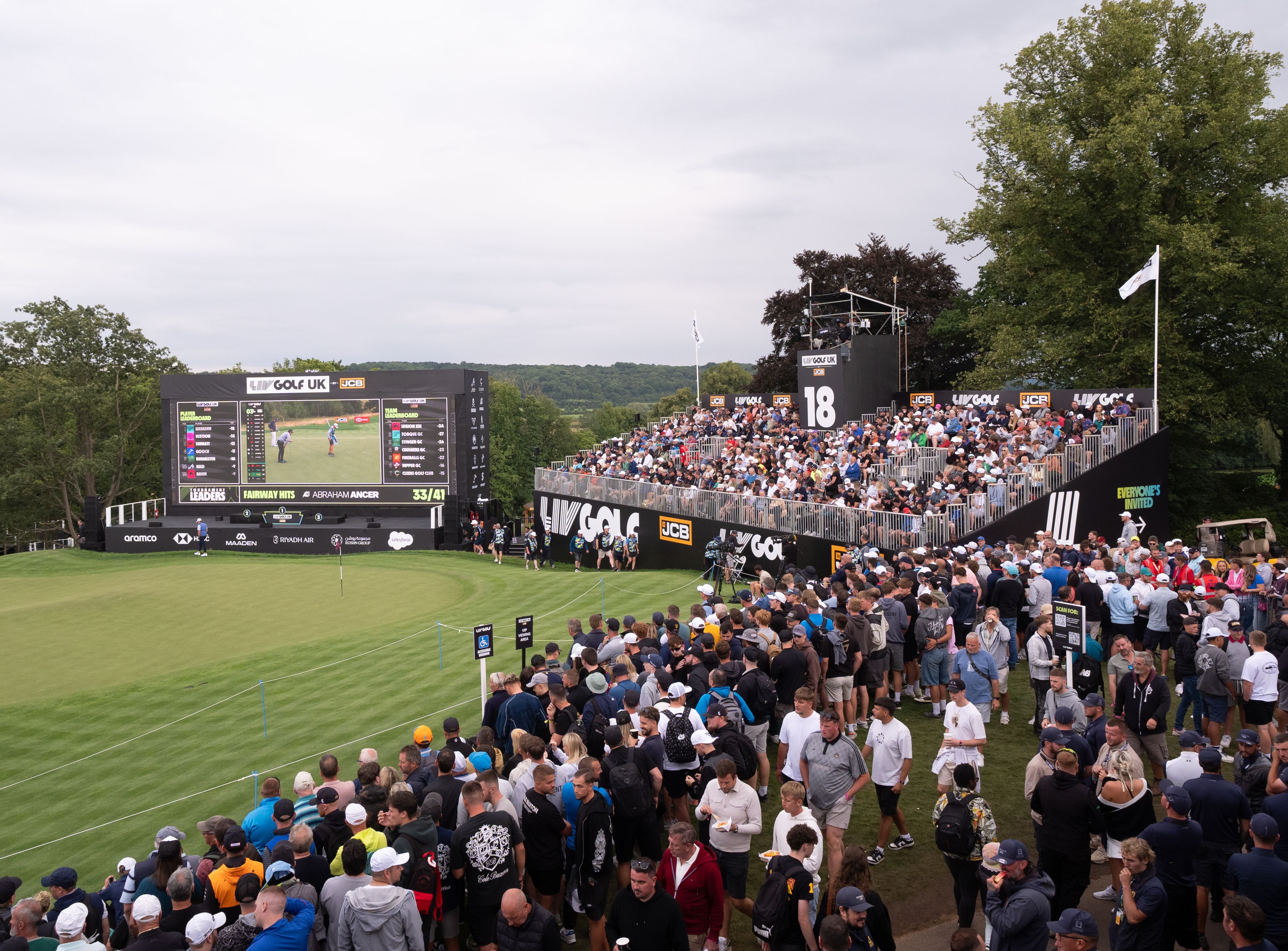 Fans watch the action on the 18th hole during Round 4 of LIV Golf United Kingdom at JCB Golf & Country Club in 2025.